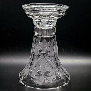 Frosted Fleur De Lis Glass Vase Candleholder 7.5" taper pillar raised relief Vtg